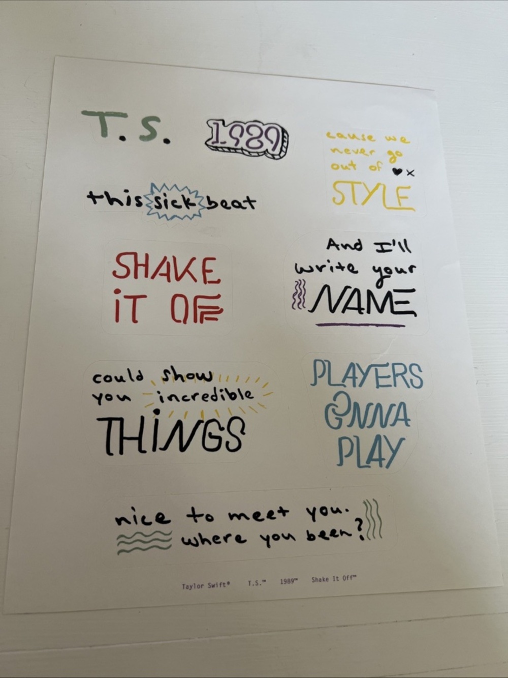 OFFICIAL TAYLOR SWIFT MERCH - Rare 1989 Sticker Sheet in Taylor’s Handwriting